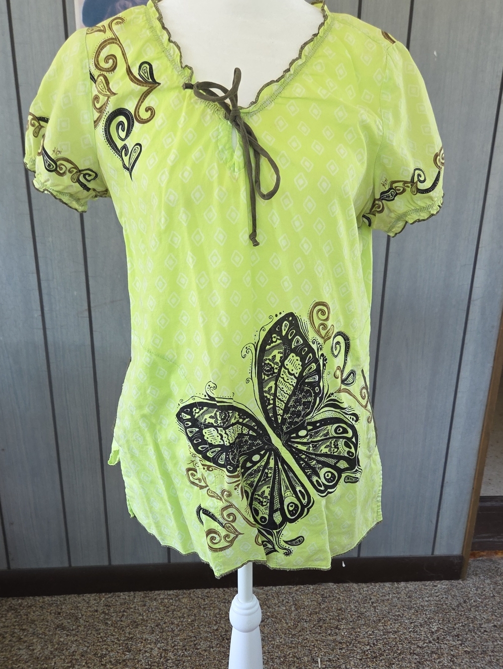 KOI Lime Green Butterfly Tie-Neck Women's Scrub Top